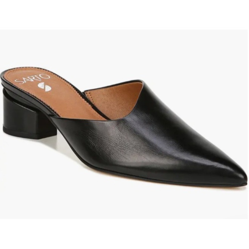 Franco Sarto Visa Black Leather Pointed Toe Mules 9M Avant Garde Minimalist Chic